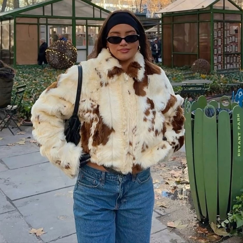 Stylish Faux Fur Cow Print Women's Jacket